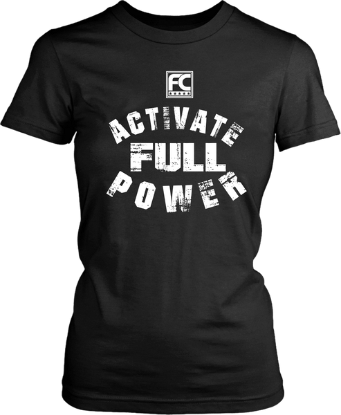 Mock- up of a Black Female T-shirt with Activate full power printed on the front, now available from Xpert Apparel Store 