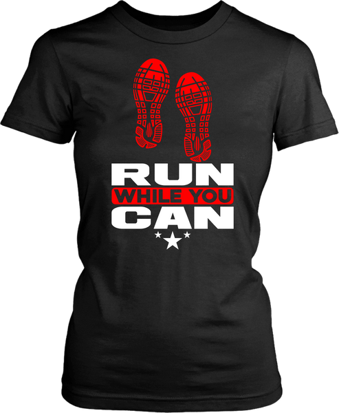 Black T-shirt Mock-up with sneaker print - Run While You Can printed on the front available from the Xpert Apparel Store