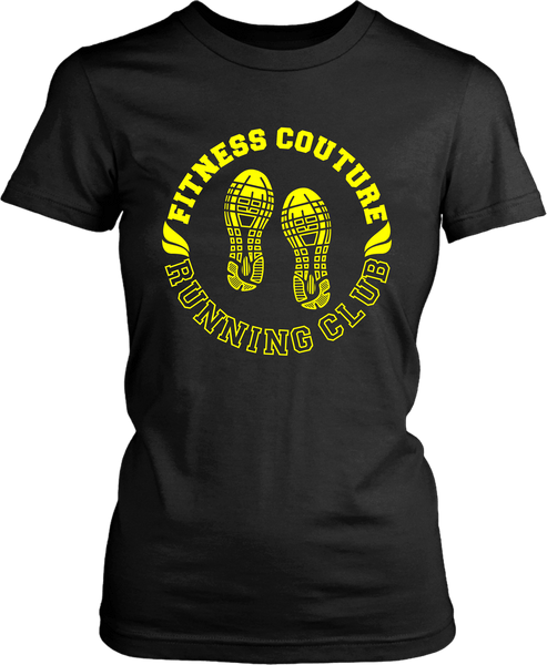 Black T-shirt Mock up with "Fitness Couture Runny Club " yellow graphic design on the front, available from the Xpert Apparel Store