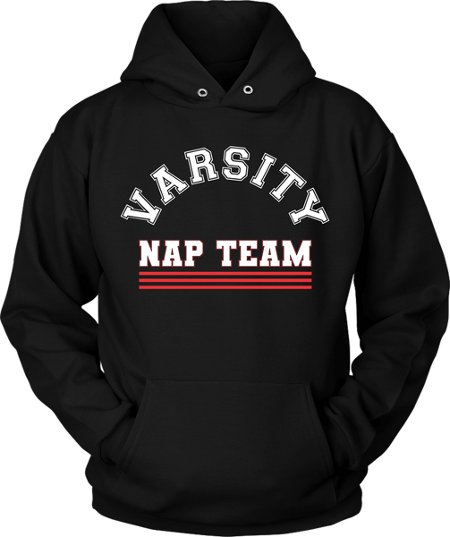 Black Hoodie Mock-up with Varsity Nap Team design on the front, available from The Xpert Apparel Store.