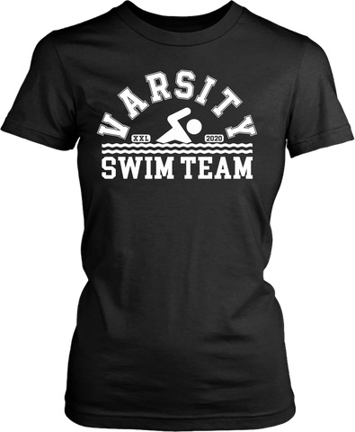 Black T-shirt mock-up with Varsity swim team design on the front, from the Xpert Apparel Store.