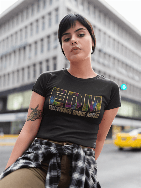 EDM - Electronic Dance Music  fan T-shirt worn by girl in big city 