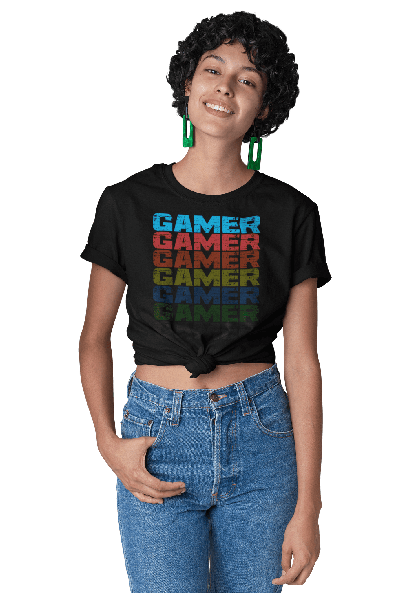 Woman wearing black T-shirt with Faded Out Gamer Design from the Xpert Apparel Store