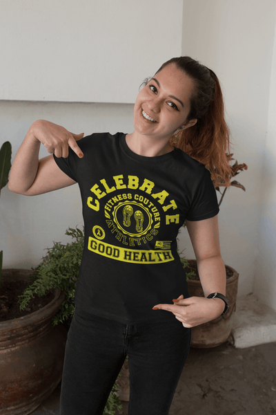 Fitness Couture Athletics - Celebrate Good Health T-shirt Red, Workout, Training "Yellow" - xpertapparel