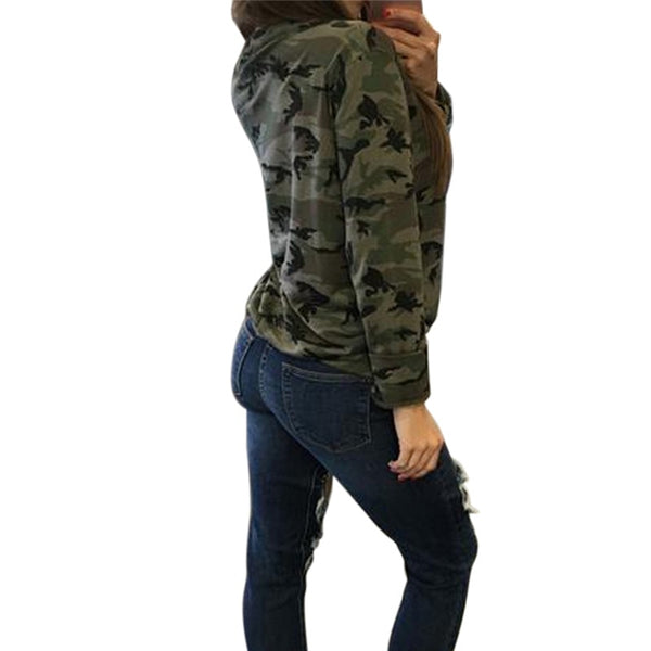 Camouflage Print Women Long Sleeve Slim T-Shirt Fashion V-Neck Lace-up Lady Sexy Tops Army Style Casual Female T-Shirt Tee - xpertapparel